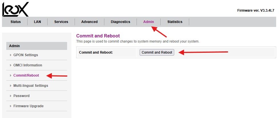 Leox admin interface commit and reboot